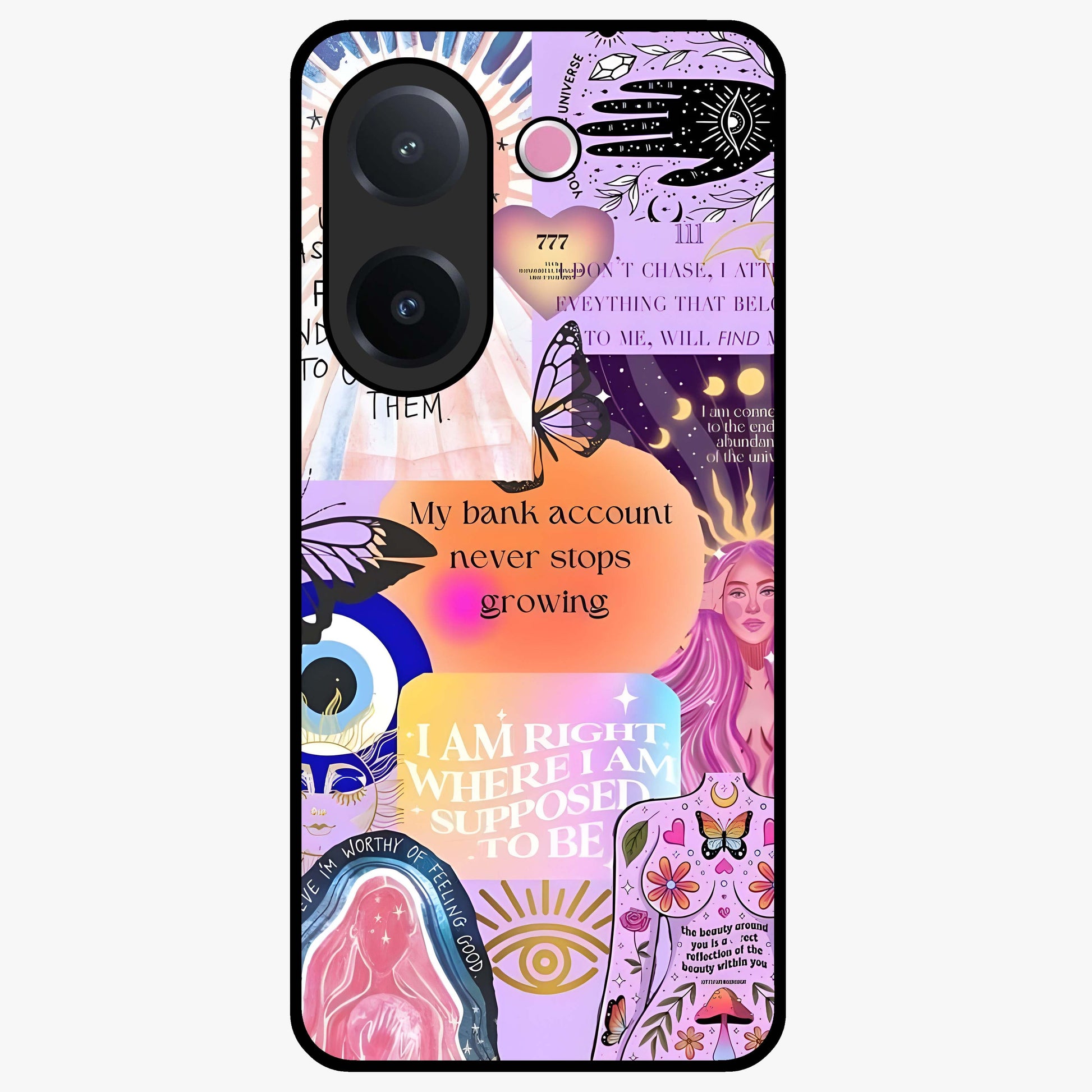 Manifestation Collage Glass Case showing flat back view with motivational collage artwork and glossy glass finish.