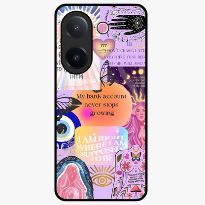 Manifestation Collage Glass Case showing flat back view with motivational collage artwork and glossy glass finish.