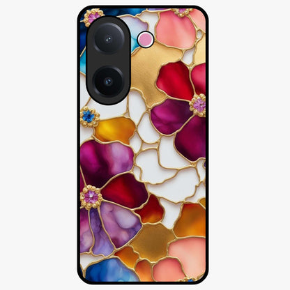 Marble Flower Pattern Glass Case showing flat back view with marble texture floral artwork and glossy glass finish.