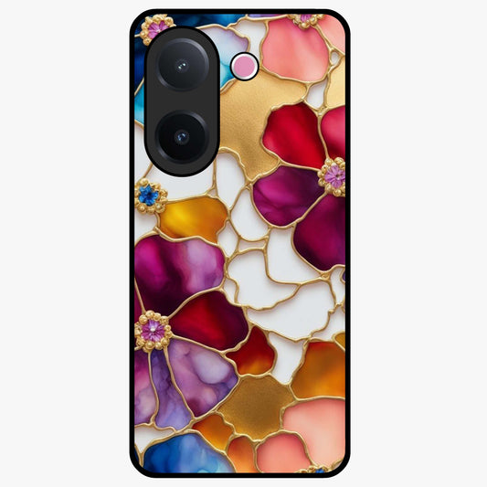 Marble Flower Pattern Glass Case showing flat back view with marble texture floral artwork and glossy glass finish.