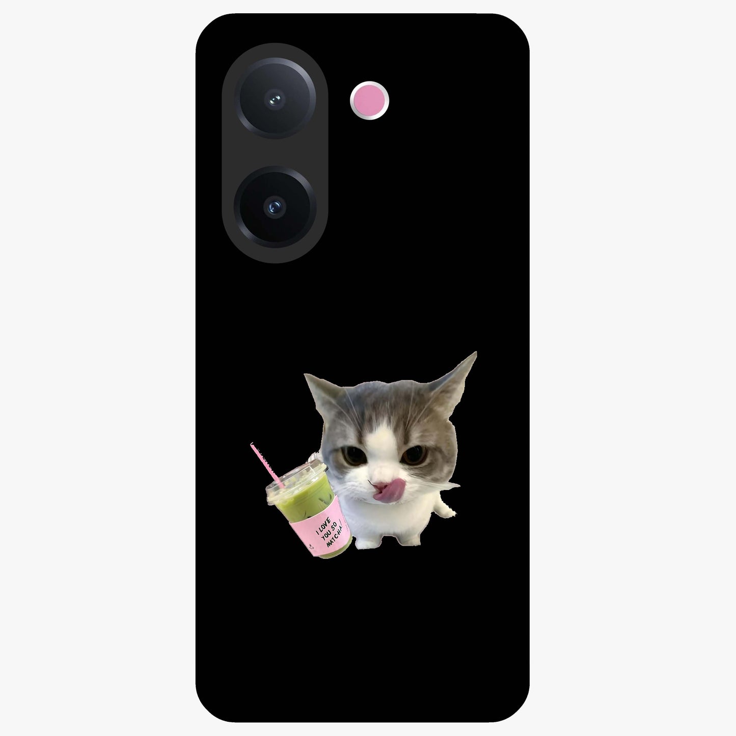 Matcha Cat Style Glass Case showing flat back view with cute matcha themed cat artwork and glossy glass finish.