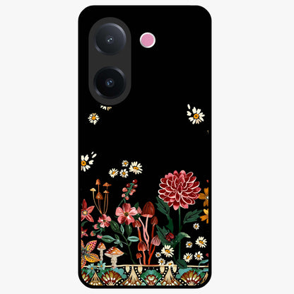 Midnight Bloom Pattern Glass Case showing flat back view with dark floral pattern artwork and glossy glass finish.