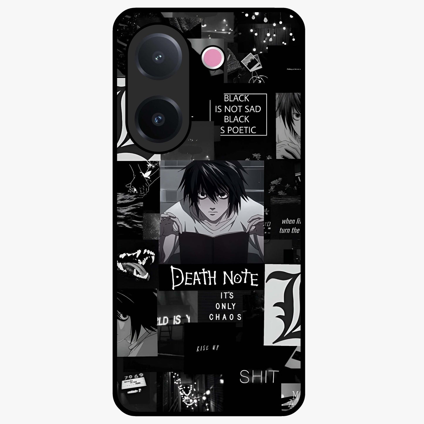 Midnight Chaos Mind Glass Case showing flat back view with abstract dark themed artwork and glossy glass finish.
