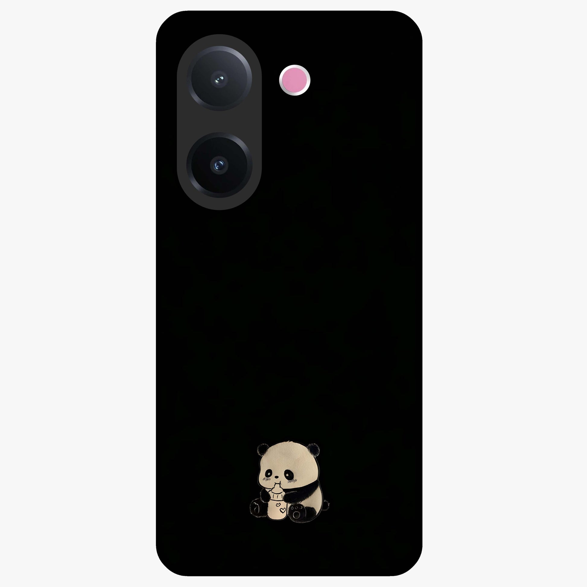 Midnight Panda Love Glass Case showing flat back view with cute panda themed artwork and glossy glass finish.