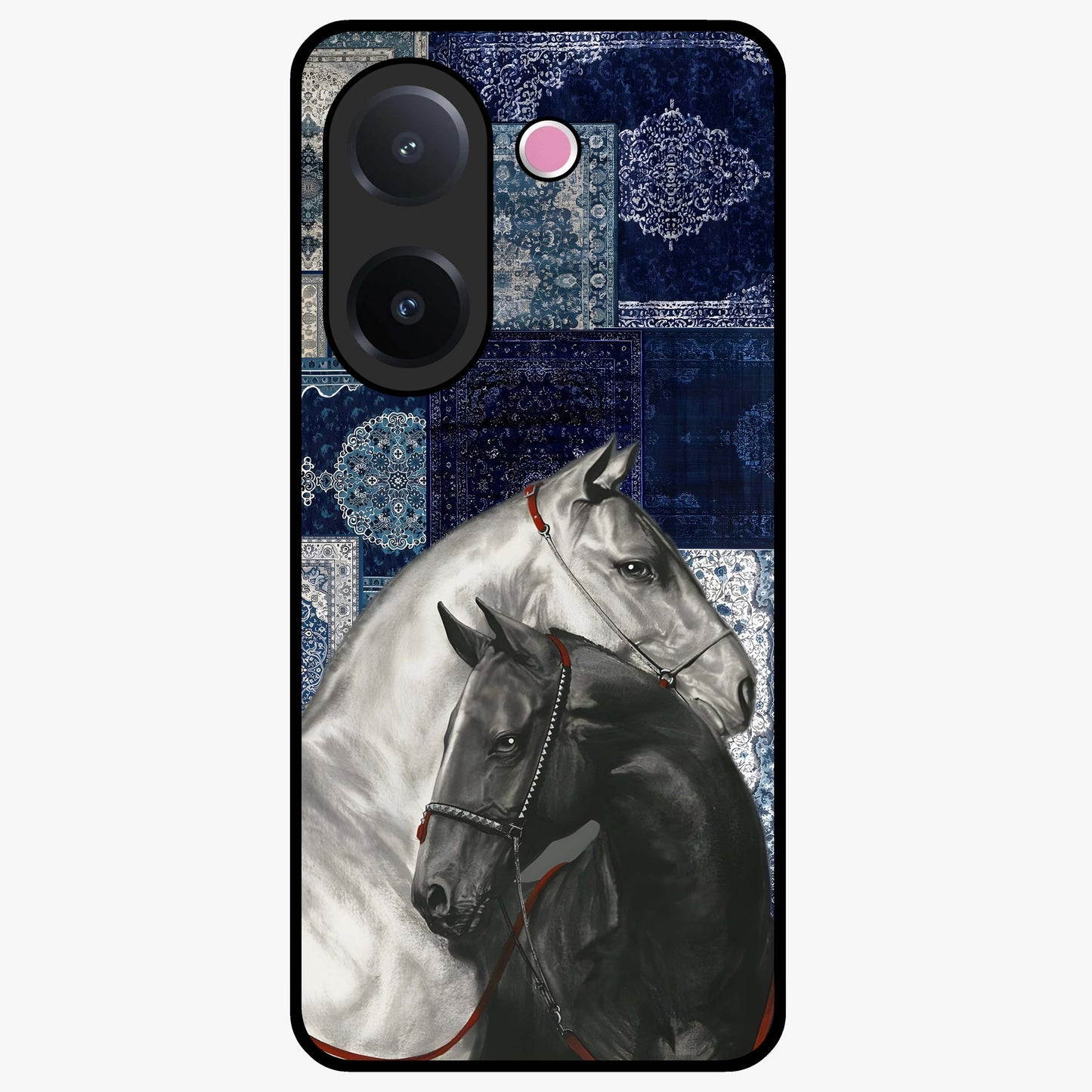 Midnight Stallion Blues Glass Case showing flat back view with majestic horse artwork and glossy glass finish.