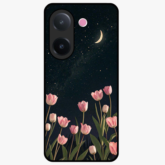 Midnight Tulip Whispers Vibe Glass Case showing flat back view with elegant tulip flower artwork and glossy glass finish.