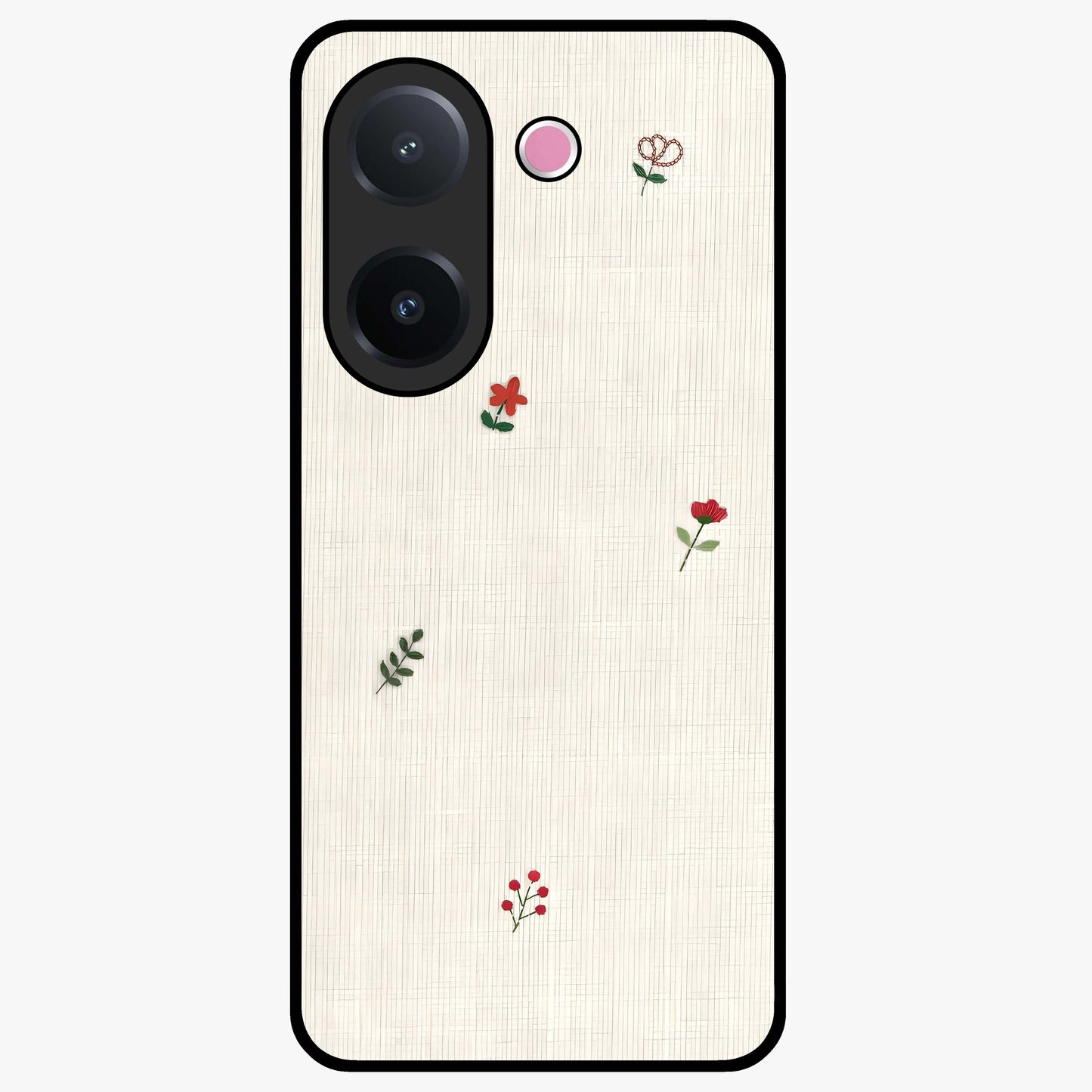 Minimal Petal Whispers Glass Case showing flat back view with soft minimal floral artwork and glossy glass finish.