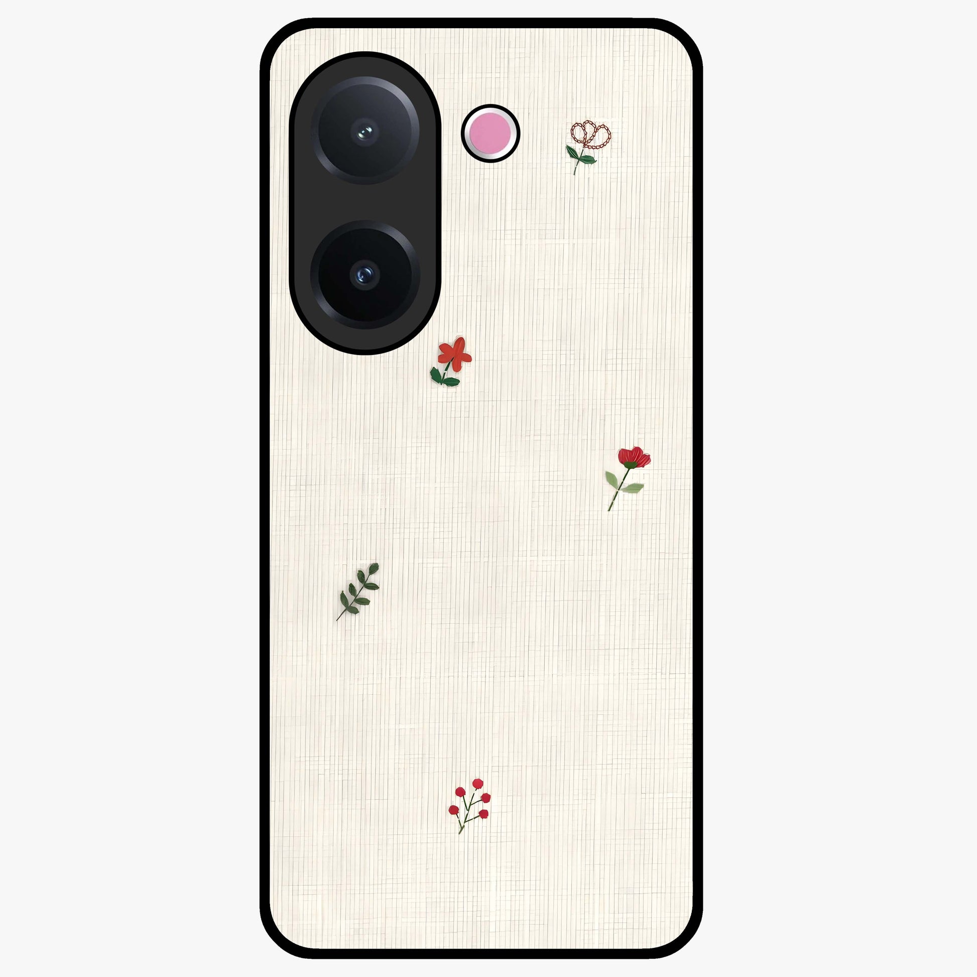 Minimal Petal Whispers Glass Case showing flat back view with soft minimal floral artwork and glossy glass finish.