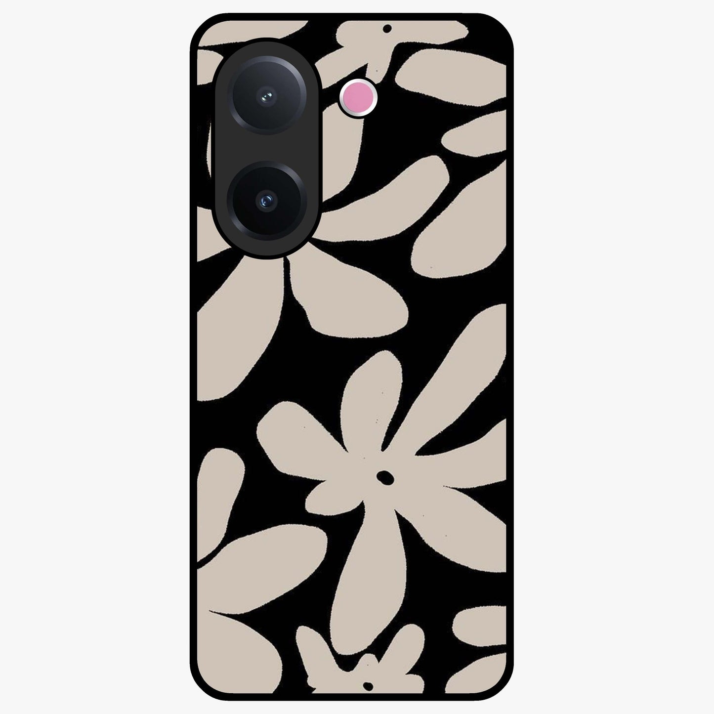 Monochrome Petal Dance Glass Case showing flat back view with monochrome floral artwork and glossy glass finish.