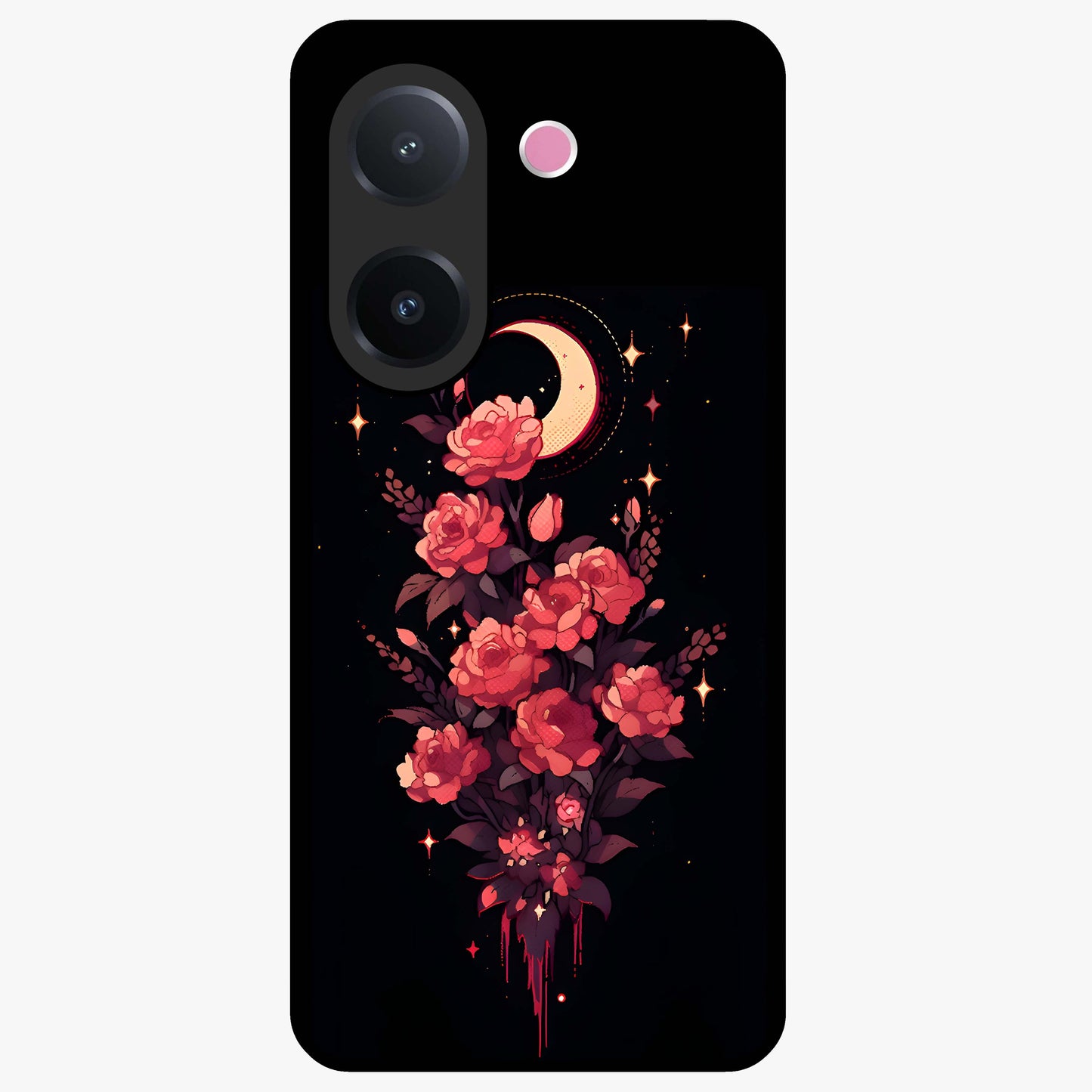 Moonlit Floral Elegance Glass Case showing flat back view with elegant floral artwork under moonlit tones and glossy glass finish.