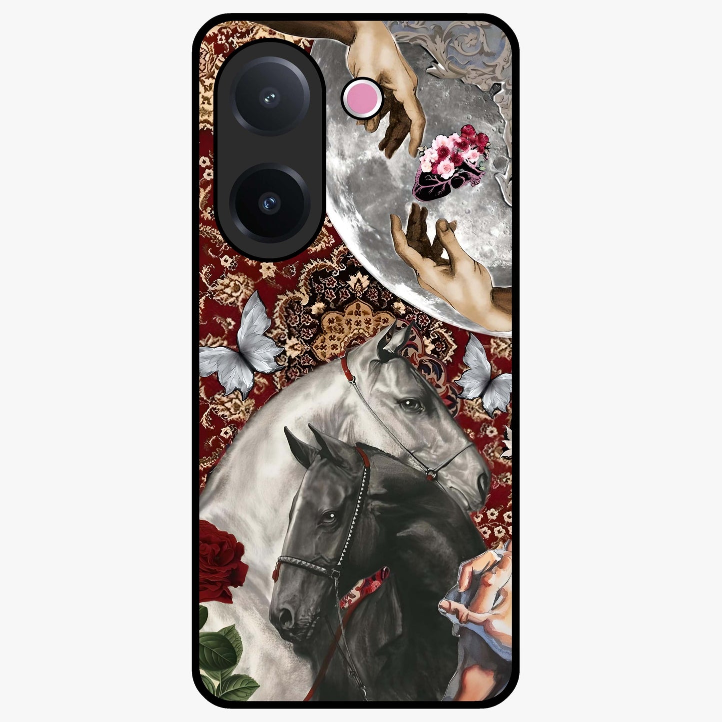 Moonlit Royal Stallion Glass Case showing flat back view with majestic horse under moonlight artwork and glossy glass finish.