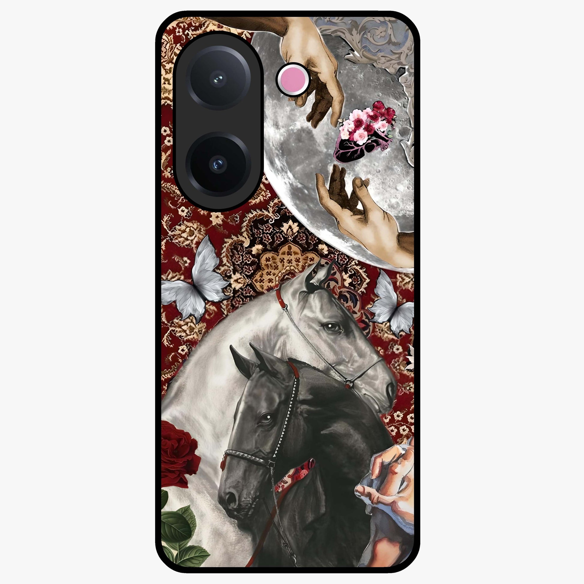 Moonlit Royal Stallion Glass Case showing flat back view with majestic horse under moonlight artwork and glossy glass finish.