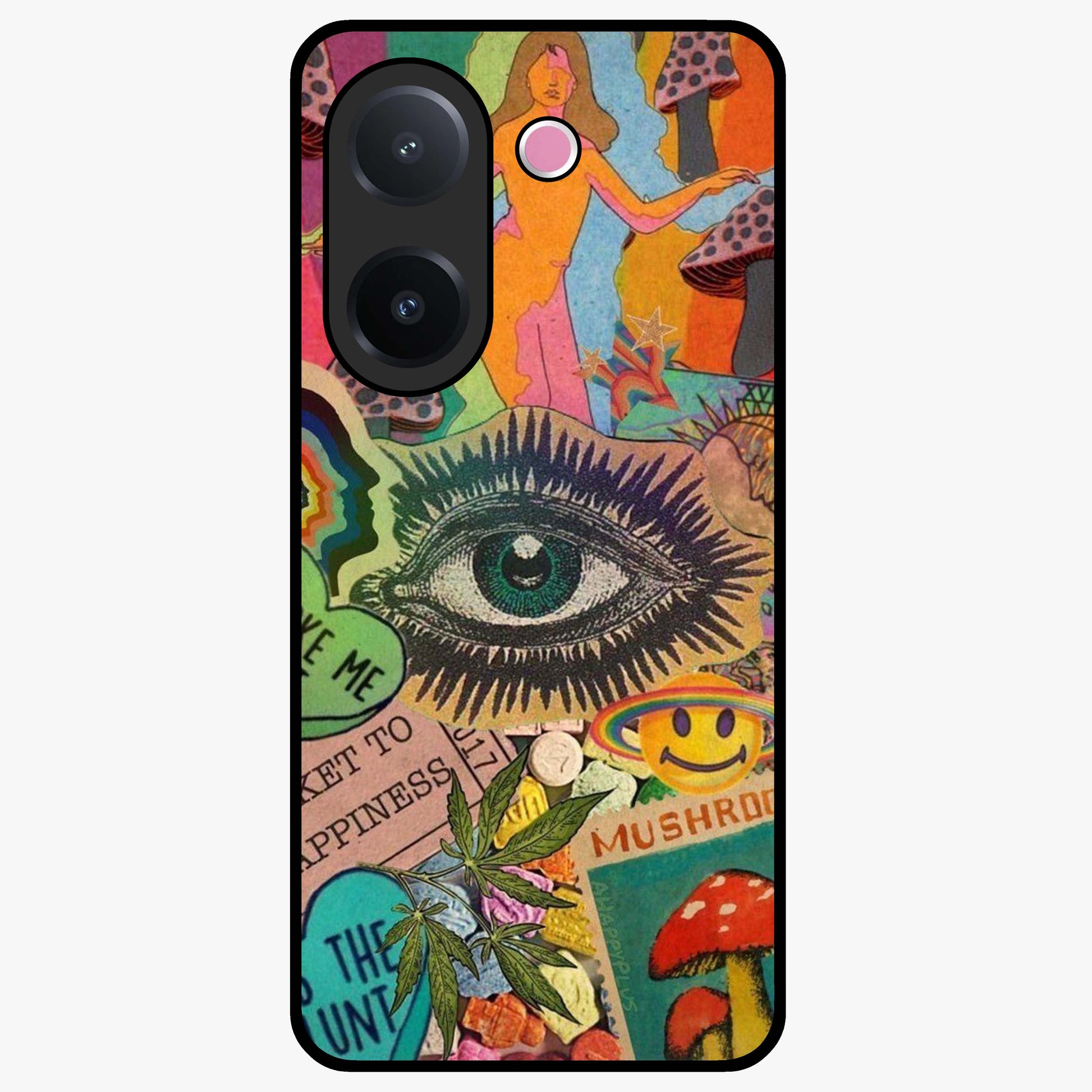 Mystic Eye Wonderland Glass Case showing flat back view with mystical eye themed artwork and glossy glass finish.