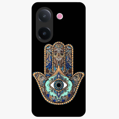 Mystic Hamsa Eye Glass Case showing flat back view with protective hamsa hand and evil eye artwork and glossy glass finish.