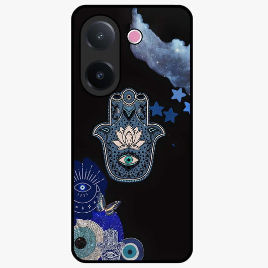 Mystic Hand Aura Glass Case showing flat back view with mystical hand symbol artwork and glossy glass finish.