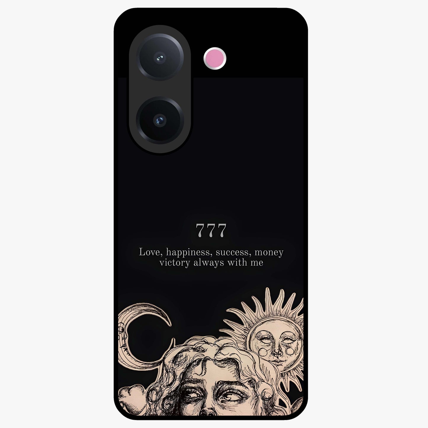 Mystic Victory Aura Glass Case showing flat back view with victory symbol artwork and glossy glass finish.