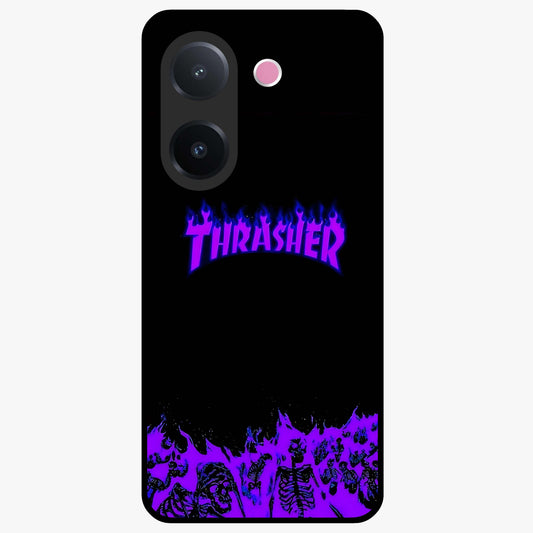 Neon Flame Riot Glass Case showing flat back view with neon flame artwork and glossy glass finish.