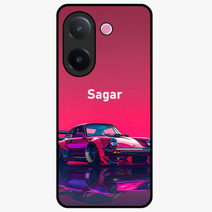 Neon Pink Porsche Glass Case showing flat back view with stylish sports car artwork and glossy glass finish.