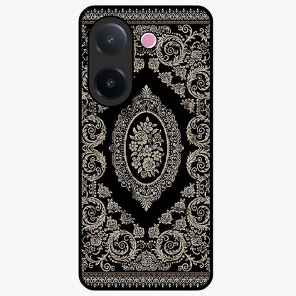 Noir Bloom Elegance Glass Case showing flat back view with elegant dark floral artwork and glossy glass finish.