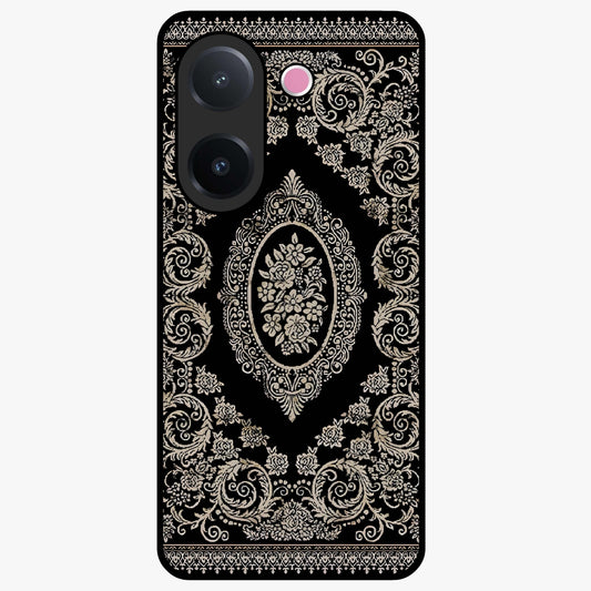 Noir Bloom Elegance Glass Case showing flat back view with elegant dark floral artwork and glossy glass finish.