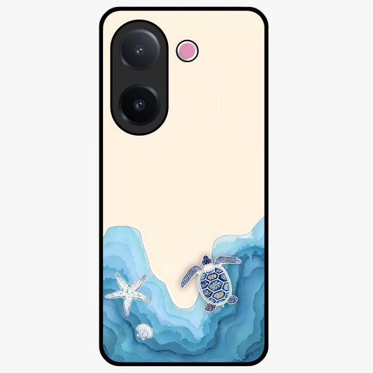 Ocean Drift Turtle Glass Case showing flat back view with sea turtle artwork and glossy glass finish.