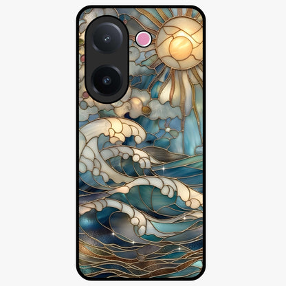 Oceanic Stained Printed Glass Case showing flat back view with ocean inspired stained pattern artwork and glossy glass finish.