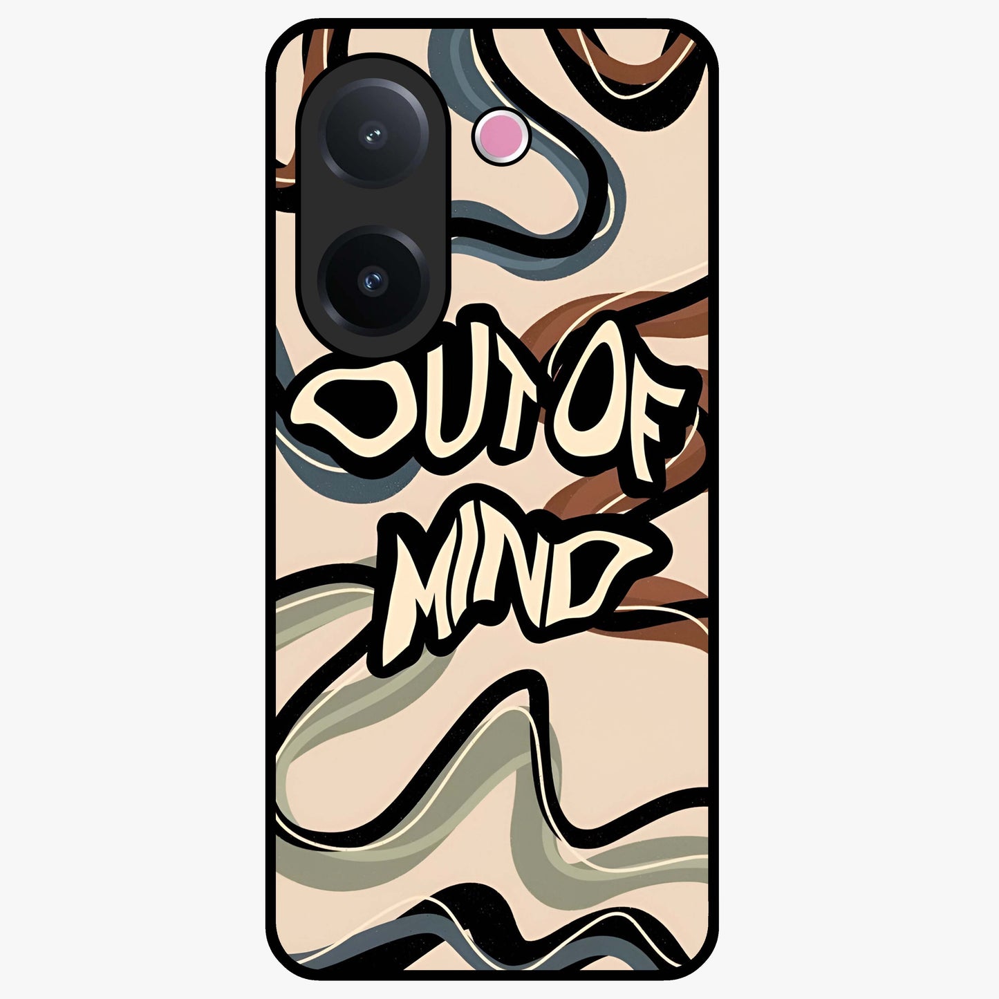 Out Of Mind Glass Case showing flat back view with expressive typography artwork and glossy glass finish.
