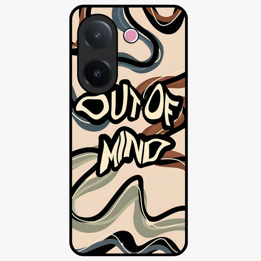 Out Of Mind Glass Case showing flat back view with expressive typography artwork and glossy glass finish.