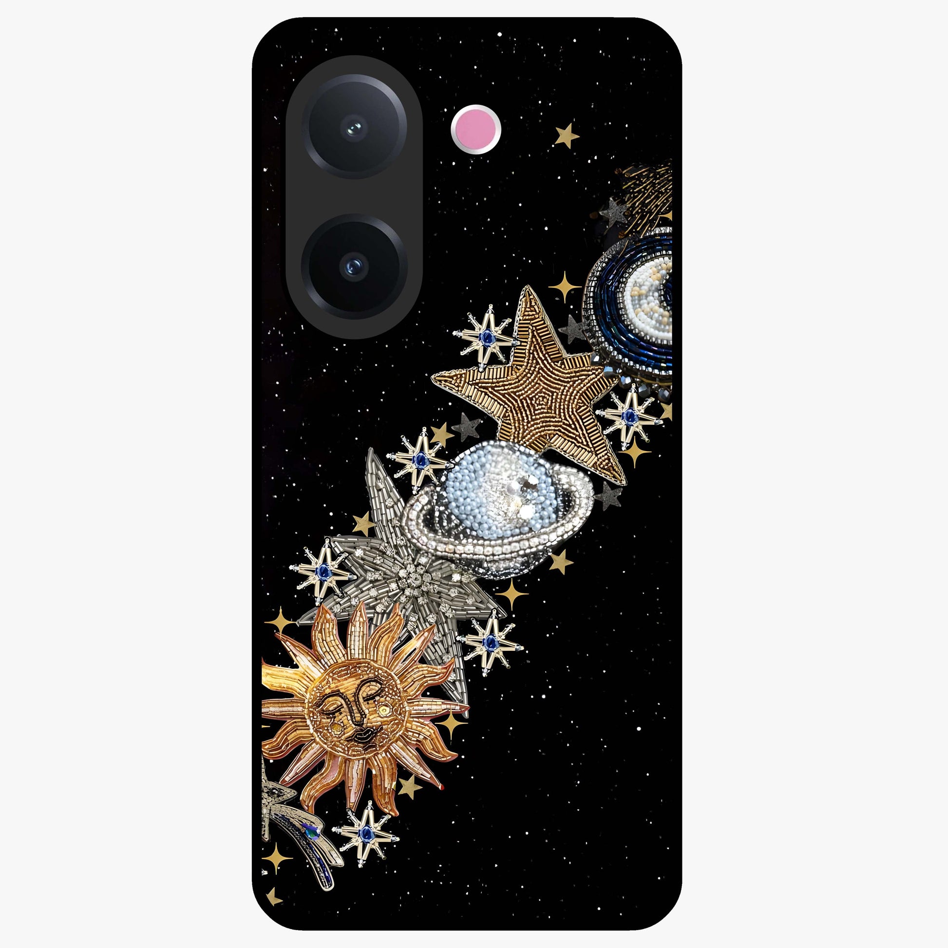 Pearls Universe Object Glass Case showing flat back view with pearl inspired cosmic artwork and glossy glass finish.