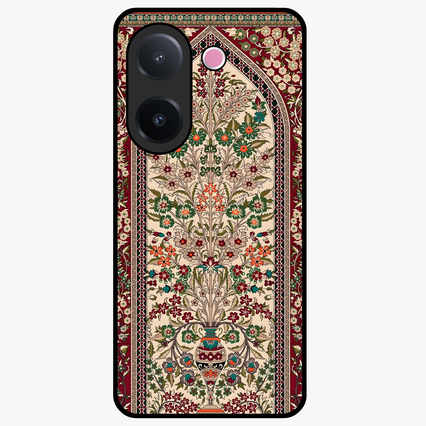 Persian Inspired Glass Case showing flat back view with ornate Persian style pattern artwork and glossy glass finish.
