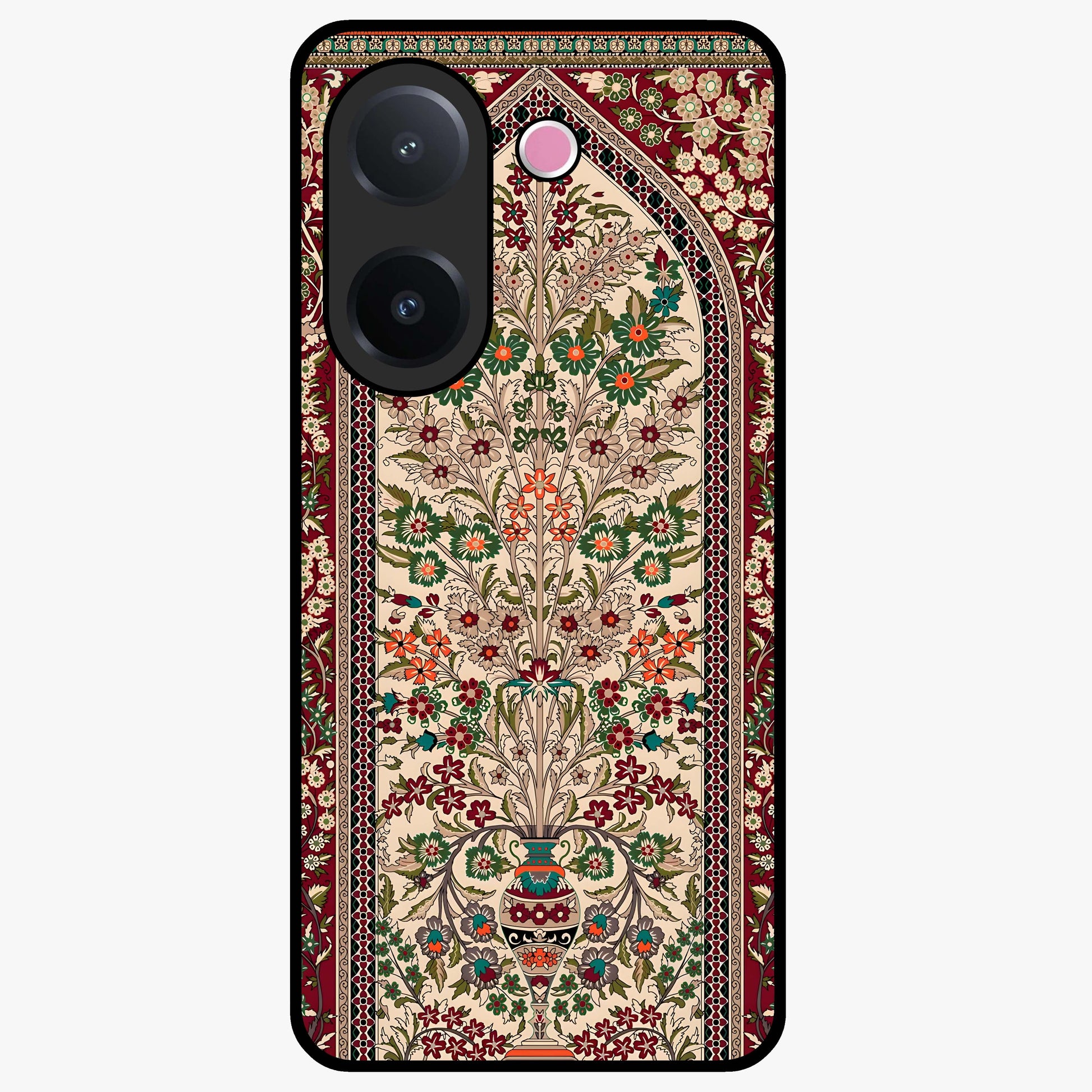 Persian Inspired Glass Case showing flat back view with ornate Persian style pattern artwork and glossy glass finish.