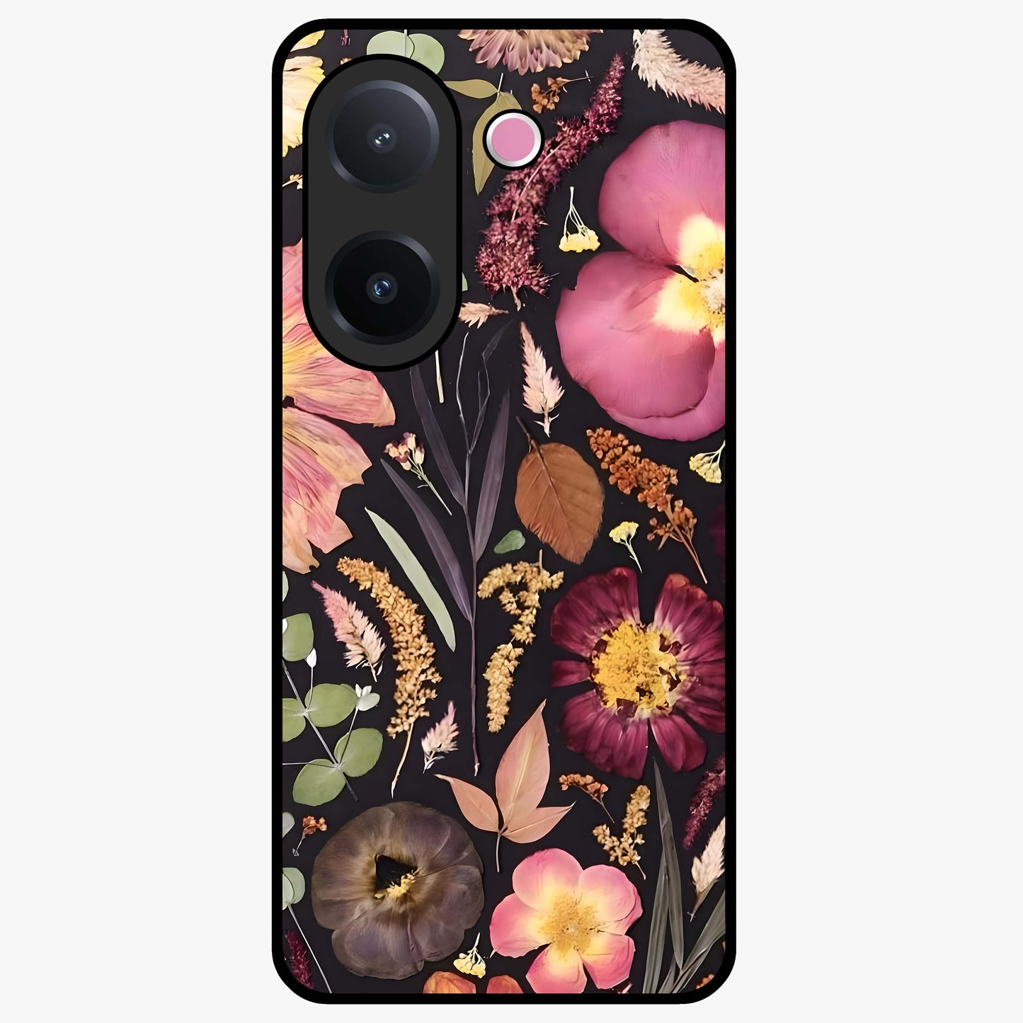 Petal Dream Tapestry Glass Case showing flat back view with intricate floral tapestry artwork and glossy glass finish.