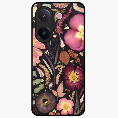 Petal Dream Tapestry Glass Case showing flat back view with intricate floral tapestry artwork and glossy glass finish.