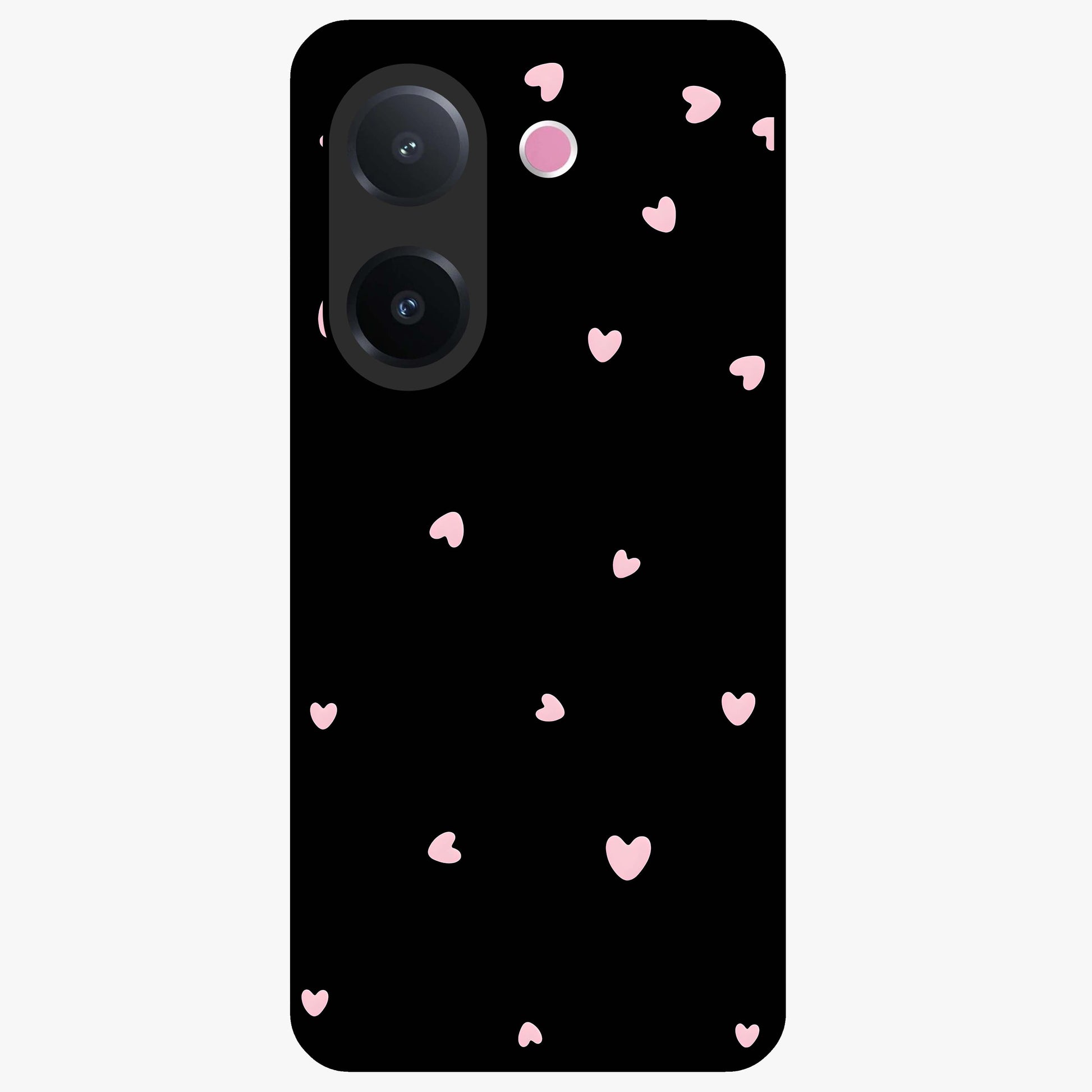 Pink Love Drops Glass Case showing flat back view with playful pink heart drops artwork and glossy glass finish.