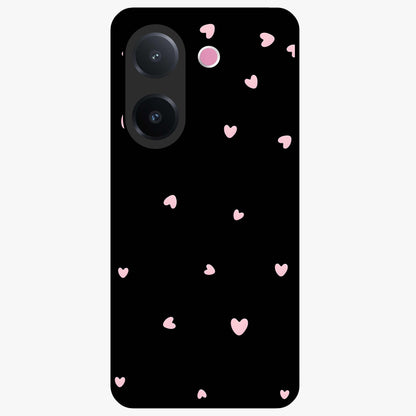 Pink Love Drops Glass Case showing flat back view with playful pink heart drops artwork and glossy glass finish.