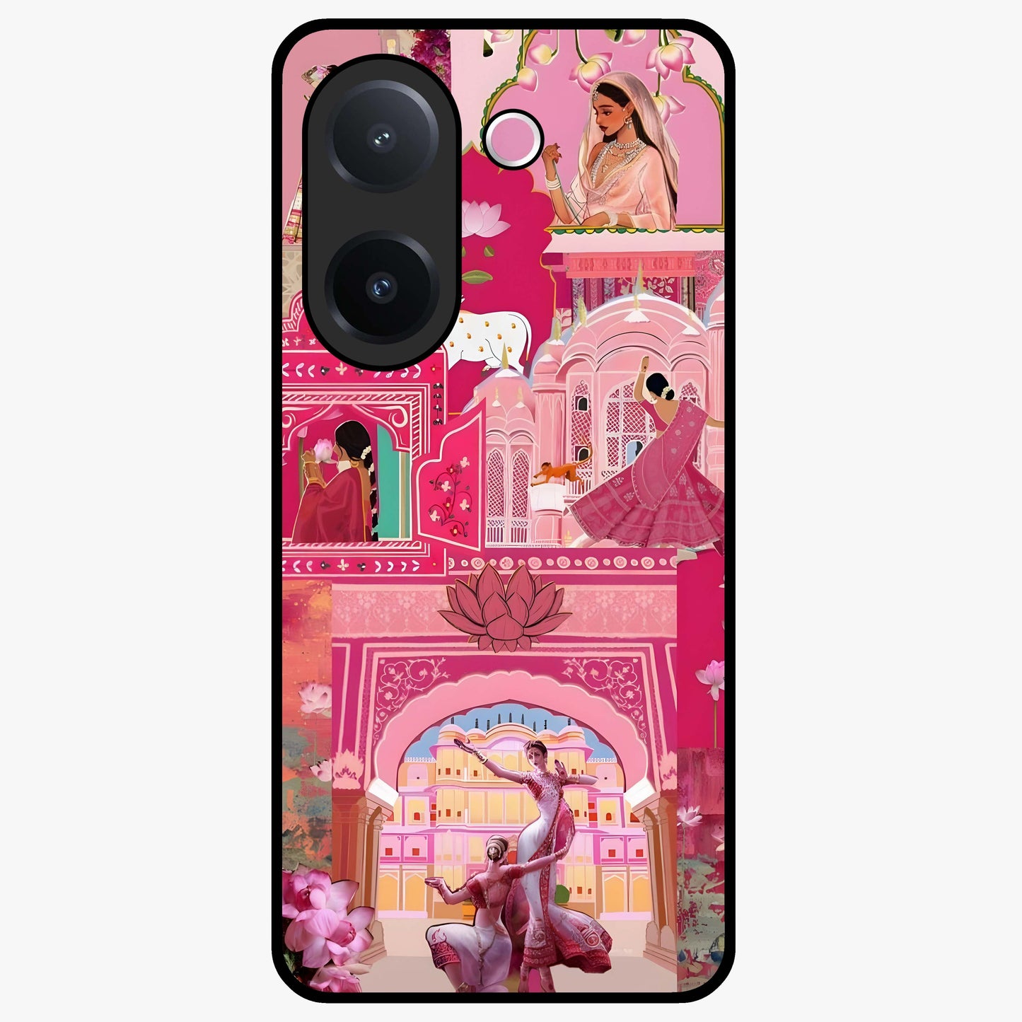 Pink Palace Muse Glass Case showing flat back view with elegant palace inspired artwork and glossy glass finish.