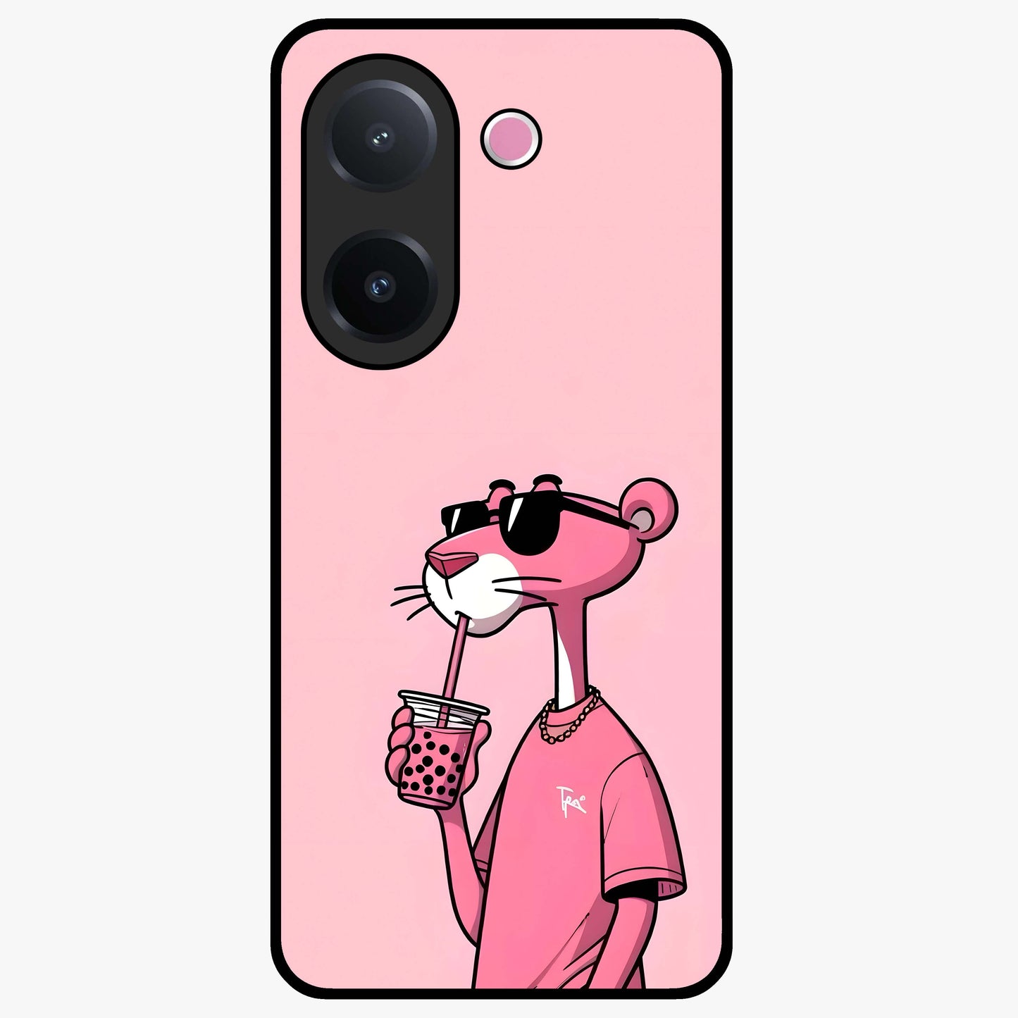 Pink Panther Glass Case showing flat back view with iconic pink panther artwork and glossy glass finish.