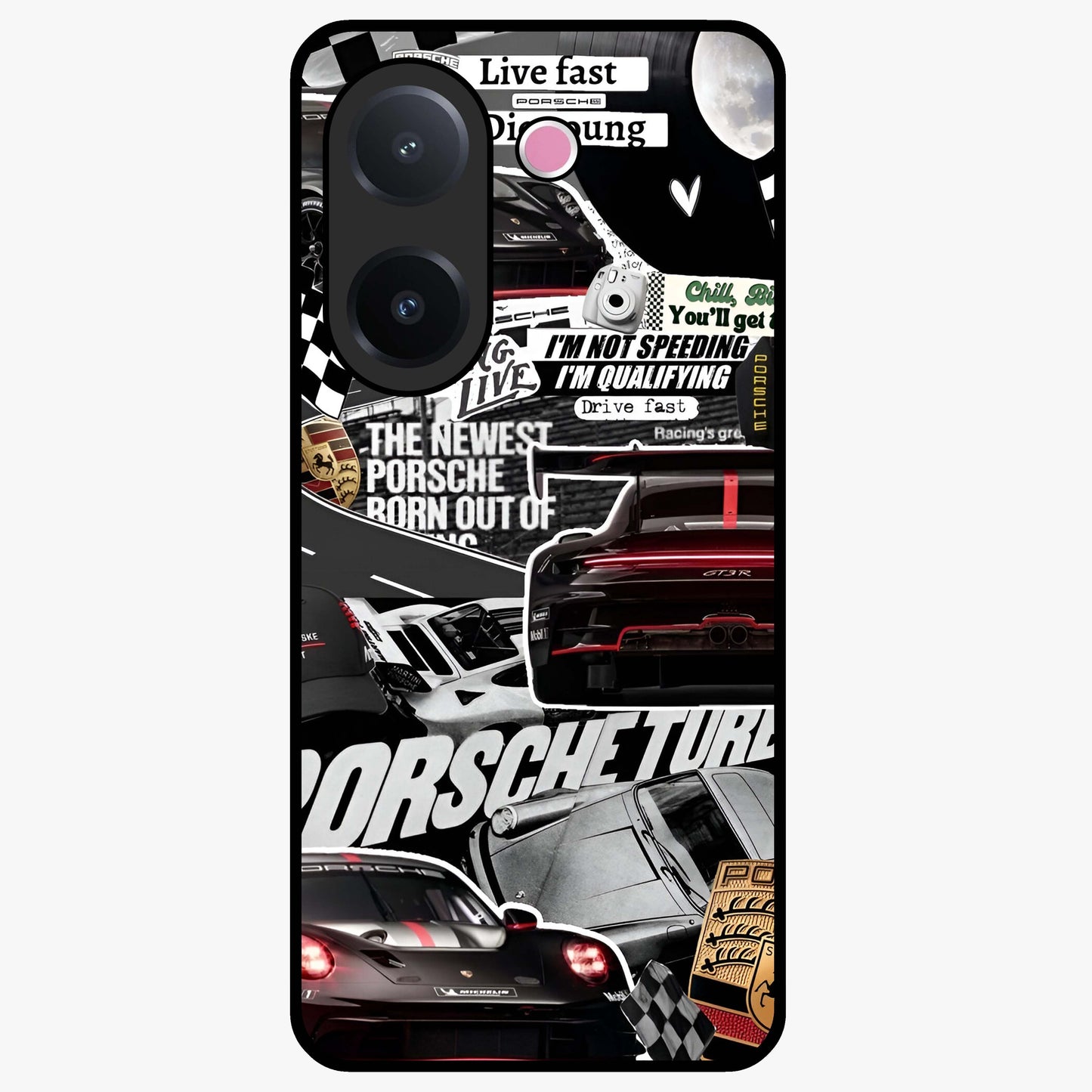 Porsche Racing Collage Glass Case showing flat back view with sports car racing collage artwork and glossy glass finish.
