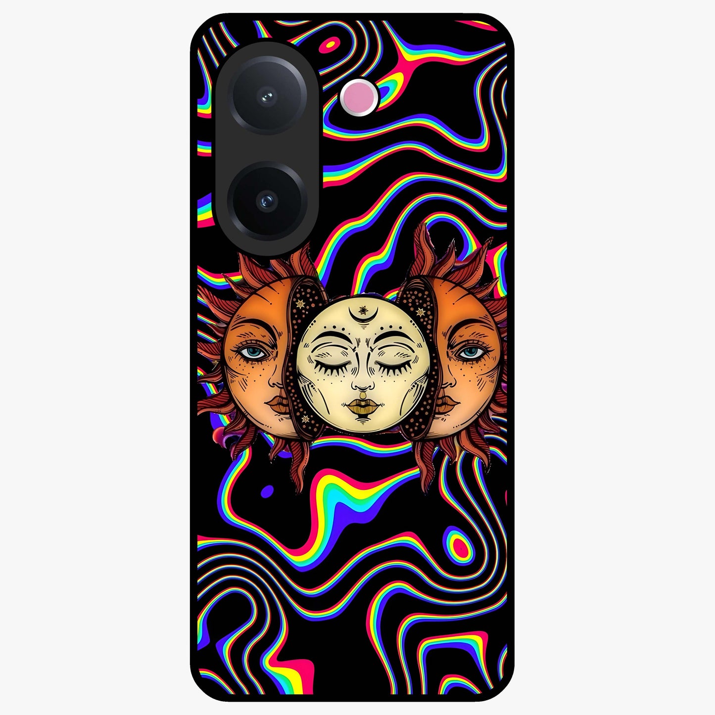 Psychedelic Sun Glass Case showing flat back view with colorful psychedelic sun artwork and glossy glass finish.