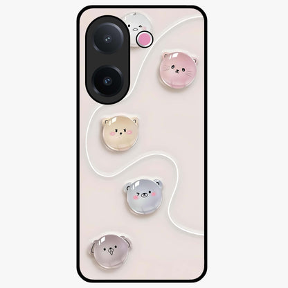 Puffy Face Parade Glass Case showing flat back view with cute puffy character faces artwork and glossy glass finish.