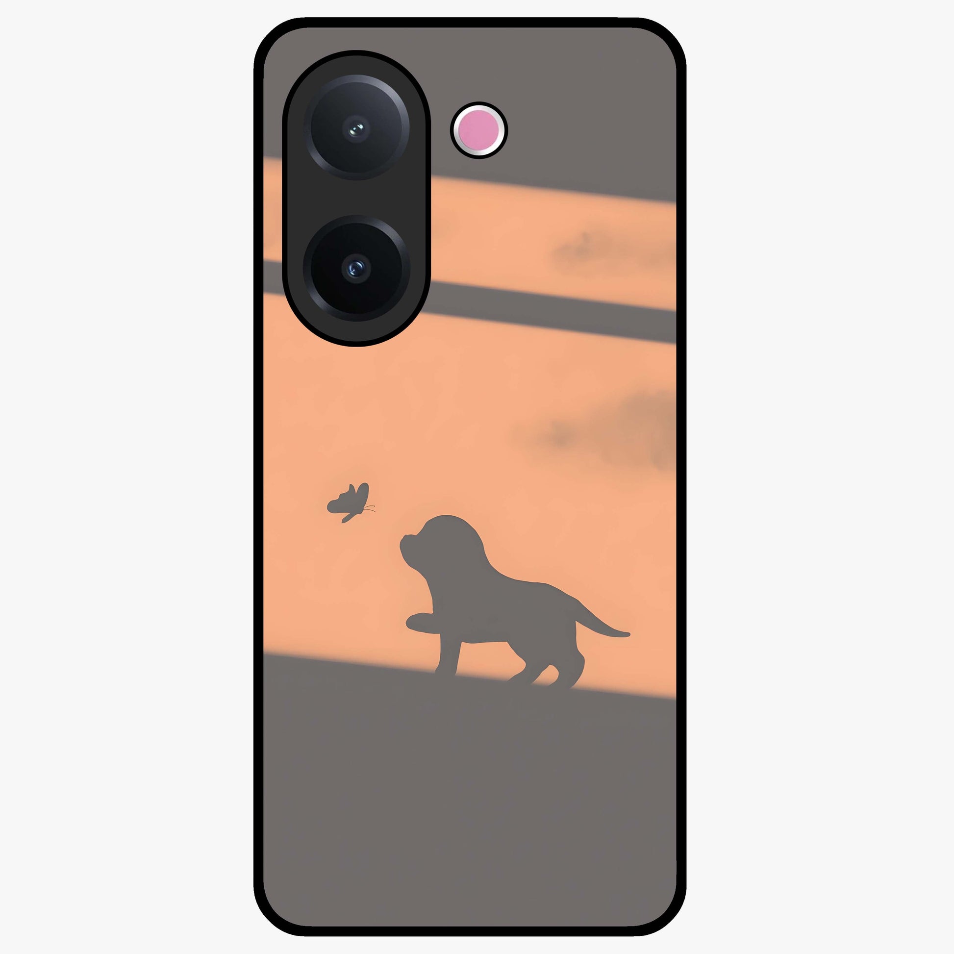 Puppy Shadow Art Glass Case showing flat back view with cute puppy shadow style artwork and glossy glass finish.