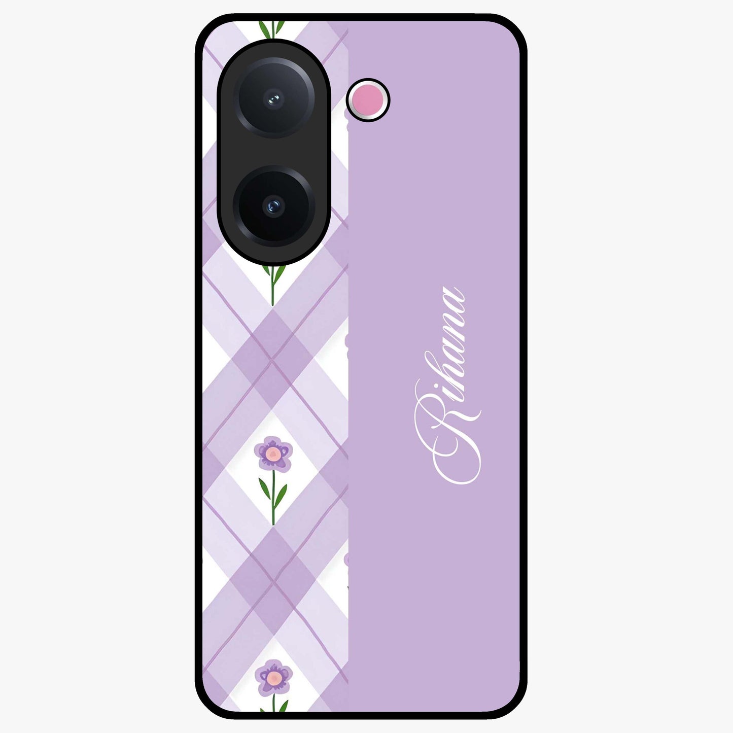 Purple Diamond Floral Glass Case showing flat back view with diamond shaped floral artwork and glossy glass finish.