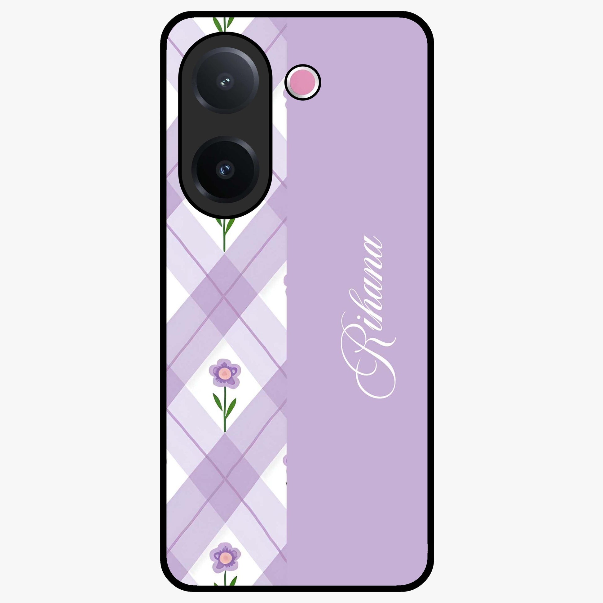 Purple Diamond Floral Glass Case showing flat back view with diamond shaped floral artwork and glossy glass finish.