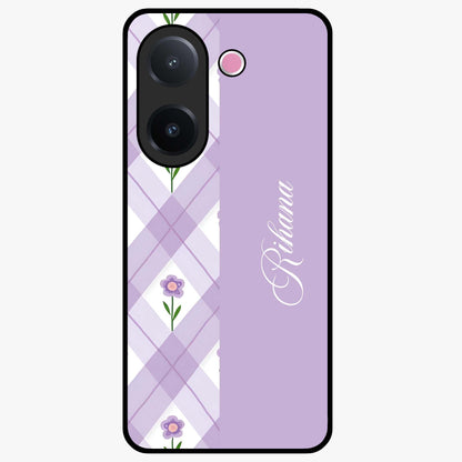 Purple Diamond Floral Glass Case showing flat back view with diamond shaped floral artwork and glossy glass finish.