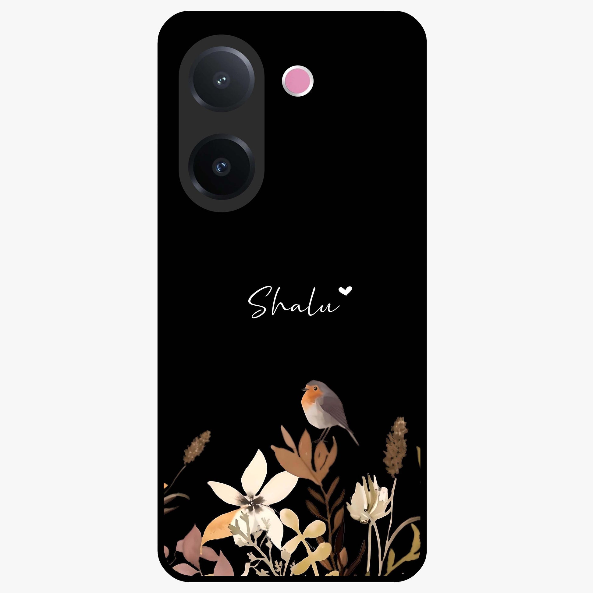 Quiet Garden Tune Custom Name Glass Case showing flat back view with peaceful garden artwork and personalized name design.
