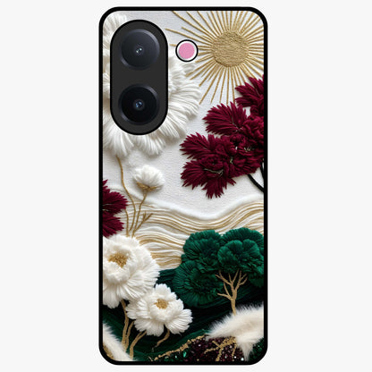 Radiant Bloom Elegance Glass Case showing flat back view with elegant blooming flower artwork and glossy glass finish.