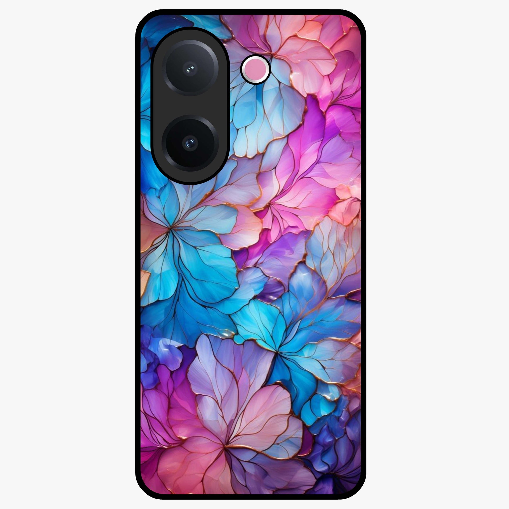 Radiant Floral Whirl Glass Case showing flat back view with swirling floral artwork and glossy glass finish.