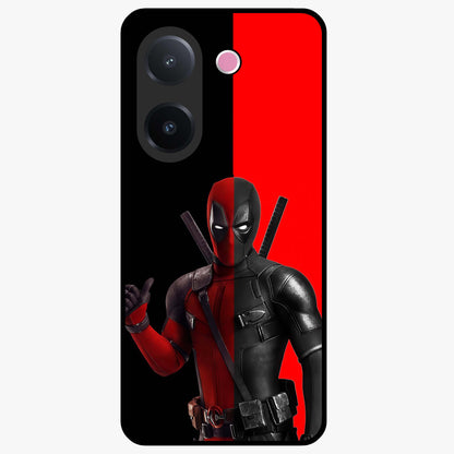 Red & Black Deadpool Theme Glass Case showing flat back view with bold comic inspired artwork and glossy glass finish.