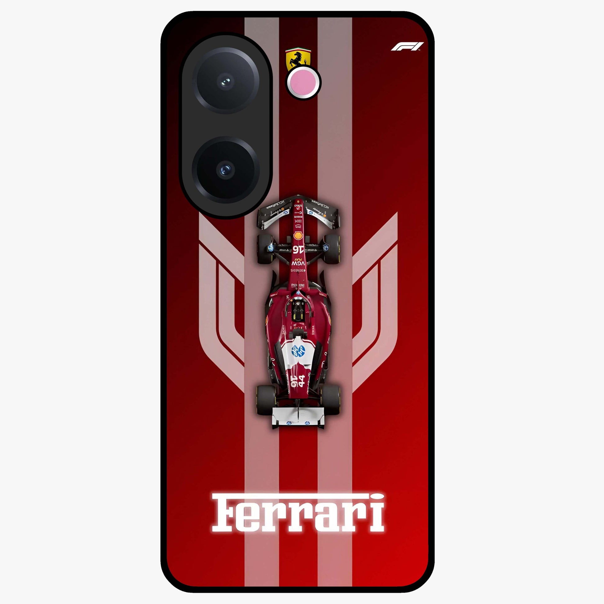 Red Ferrari F1 Vertical Glass Case showing flat back view with sleek Formula racing car artwork and glossy glass finish.