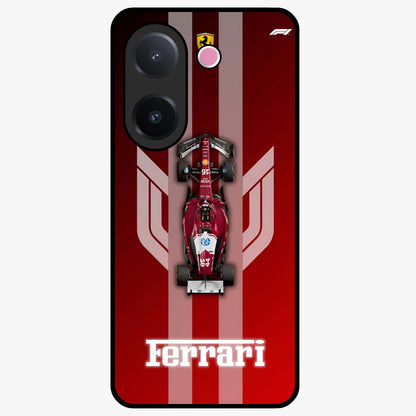 Red Ferrari F1 Vertical Glass Case showing flat back view with sleek Formula racing car artwork and glossy glass finish.